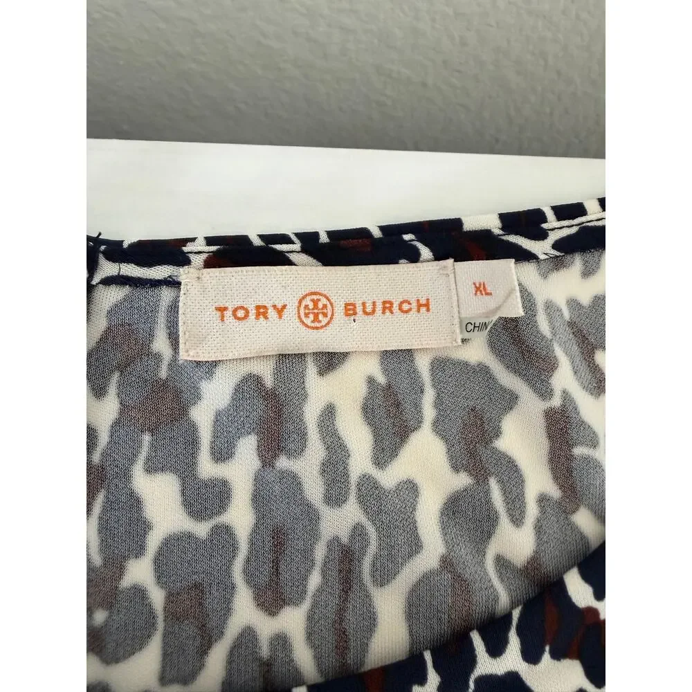 Tory Burch Cheetah Print Ruched Front Waist Dress Size XLNavy Brown Workwear